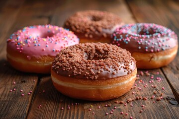 A variety of donuts with colorful icing and toppings are arranged on a wooden surface. Each donut features a unique topping, including sprinkles and chocolate crumbles.