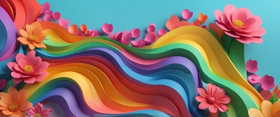 Wall Mural - rainbow theme flowers wave layers solid d abstract background banner with copy space