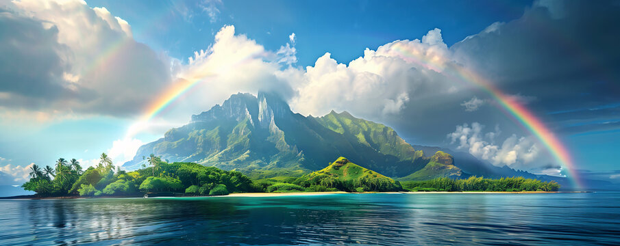 Island with Rainbow Overhead A picturesque island scene with a vibrant rainbow arcing over the landscape, adding a magical touch to the tropical paradise