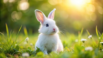 Sticker - Adorable white bunny with fluffy ears sitting in a meadow, rabbit, cute, fluffy, pet, animal, wildlife, Easter, furry, adorable