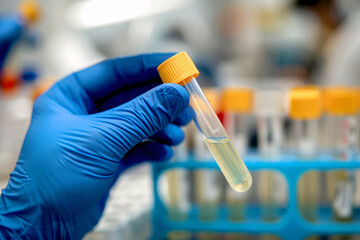 Wall Mural - scientist's hand olding test tube with yellow liquid in research lab