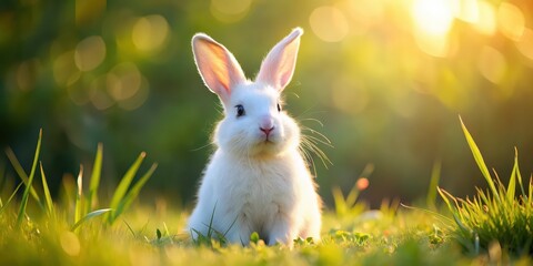 Adorable white bunny with fluffy ears sitting in a meadow, rabbit, cute, fluffy, pet, animal, wildlife, Easter, furry, adorable