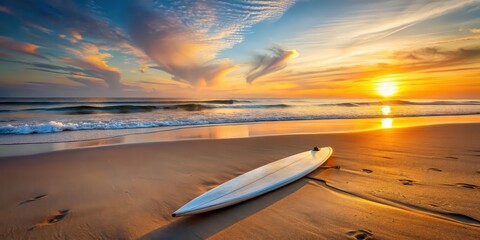 Surfboard laying on sandy beach during sunrise, Surfboard, beach, morning, sunrise, sand, water, ocean, waves, vacation