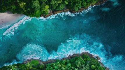 Wall Mural - Aerial view of blue ocean waves along the beautiful natural beach of the Andaman Sea. Southern Thailand