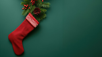Wall Mural - Red Christmas stocking hanging on a green background with pine branches and red berries.  Plenty of copy space.