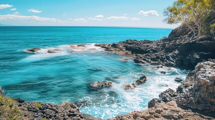 Wall Mural - Beautiful beach rocks with blue water and clear sky with waves on a sunny summer day.
