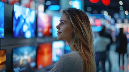 A woman watches television in a shopping mall.