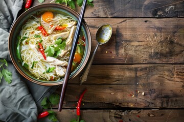Wall Mural - Asian soup with rice noodles, chicken and vegetables in ceramic bowl served with spoon and chopsticks on rustic wooden background from above, Chinese or Thai cuisine