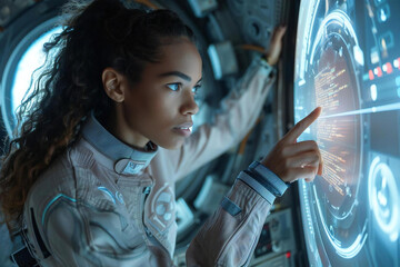 beautiful african american woman programmer coding on a holographic screen in a futuristic space off