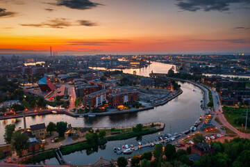 Wall Mural - Aerial scenery of Gdansk with the mouth of the Motlawa River at sunset. Poland
