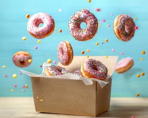 Wall Mural - Donuts falling in paper box on blue background. Copy space