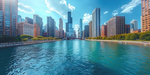 Wall Mural - Chicago Skyline with River and Skyscrapers