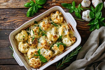 Wall Mural - Baked cauliflower with herbs in white ceramic tray on rustic wooden background table, top view. Vegetarian healthy food, clean eating concept .