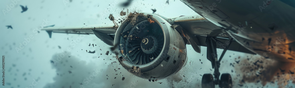 Dramatic scene of an airplane engine during a bird strike, capturing ...