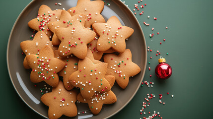 Star-shaped gingerbread cookies on a plate with red and white sprinkles.  A red ornament and sprinkles are scattered around the plate.  The plate is on a green background.