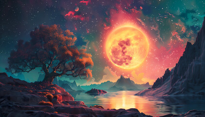 surreal psychedelic artwork, the tree of life and a big sun, wallpaper art