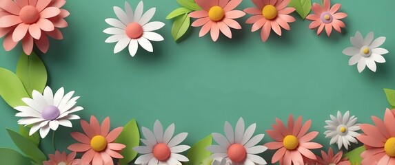 Wall Mural - cute flowers on green background top view banner with copy space