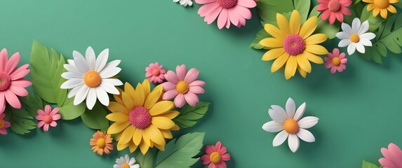 Wall Mural - cute flowers on green background top view banner with copy space