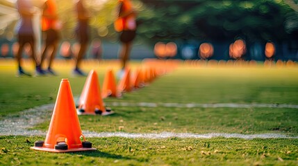 Poster - A row of orange cones lines up on a green grass field with blurry figures of young athletes playing soccer in the background