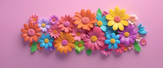 Wall Mural - cute flowers on rainbow background top view banner with copy space