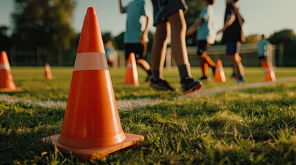 Poster - A row of orange cones lines up on a green grass field with blurry figures of young athletes playing soccer in the background