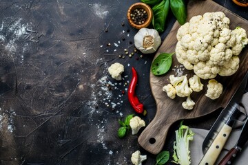 Fresh organic cut cauliflower on wooden cutting board with kitchen knife, ready to be cooked, top view with copy space. Vegetarian food, clean eating concept .