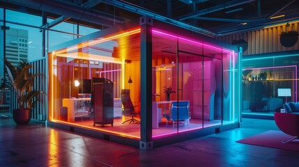 Innovative office in an open container, minimalistic design combined with digital cyberspace elements and bright graphic illumination
