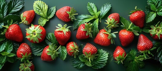 Wall Mural - Fresh Red Strawberries with Green Leaves on a Dark Background