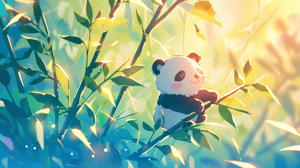 Wall Mural - cute baby panda and a sprig of leafy plant