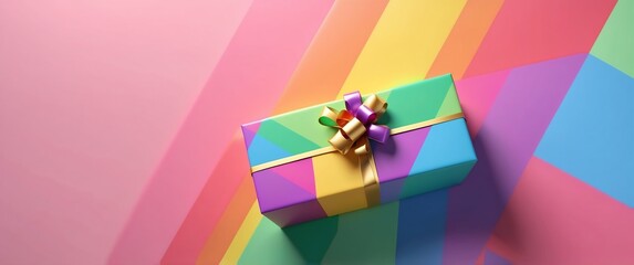 Wall Mural - gift box on rainbow background top view banner with copy space