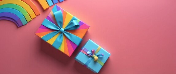 Wall Mural - gift box on rainbow background top view banner with copy space