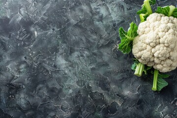 Fresh whole organic white cauliflower on dark stone vintage background table, ready to be cooked, top view with copy space. Vegetarian food, clean eating concept .