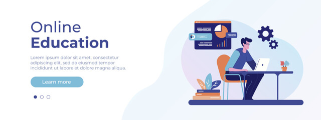 Online education concept. Illustration in flat style with man studying remotely. Vector layout for website page. Online learning at home. Vector illustration EPS 10