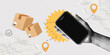 © accogliente - Trendy Halftone Collage Hand holding Phone with floating cardboard boxes. Track parcel route via mobile app. Location pins. Courier delivered order. Contemporary vector illustration art