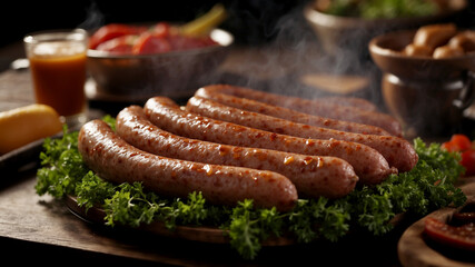 Sticker - close-up shot of a smoked sausage being placed onto a hot grill, with visible smoke and sizzle