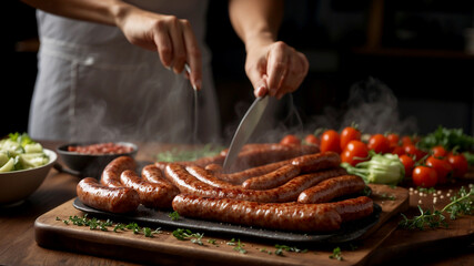 Wall Mural - close-up shot of a smoked sausage being placed onto a hot grill, with visible smoke and sizzle