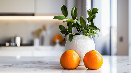 Fresh oranges and a green plant in a white vase on a marble countertop in a modern kitchen setting with natural light.