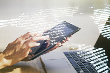 Wall Mural - digital america map and finger presses on a digital tablet on background, global technology concept.
