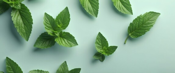 Wall Mural - peppermint leaves plain background top view banner with copy space