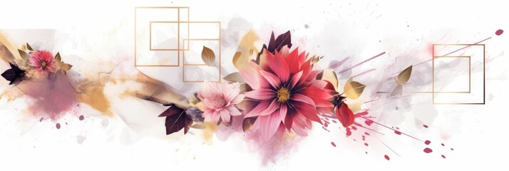 Wall Mural - Abstract geometric watercolor banner with dynamic shapes and splatters. Pink flower and leaves line arrangement or composition with white background. Modern art concept for creative design. AIG35.