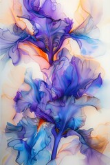 Wall Mural - Alcohol ink painting of purple and blue iris flowers with light orange accents, long petal irises