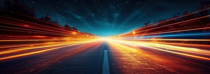 Poster - Long Exposure of a Road at Night with Stars and Light Trails