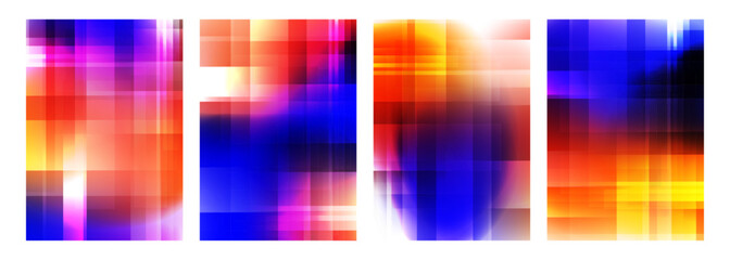 Poster - Bright colored blurred abstract backgrounds with vertical and horizontal dynamic lines. Glitch effect. Futuristic defocused vibrant color gradients for creative graphic design. Vector illustration.