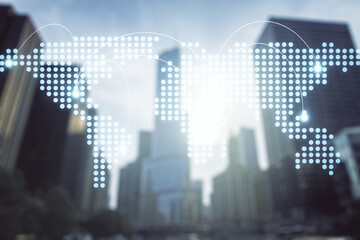 Wall Mural - abstract virtual world map with connections on office buildings background, international trading co