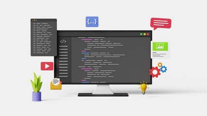 Wall Mural - Software development coding process. Application program or code on 3d computer. 4k 3d animation