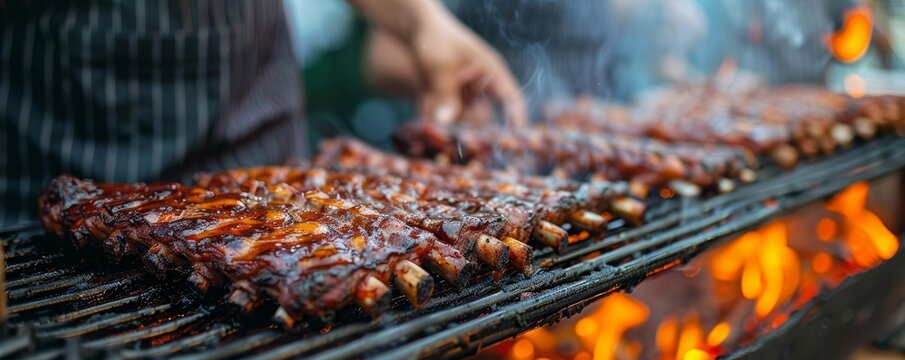 close-up of juicy ribs grilling over hot coals.