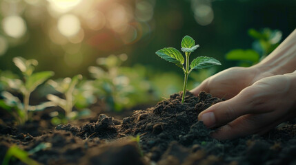 Wall Mural - Close-up of hands planting a young seedling into fertile soil, symbolizing growth and environmental sustainability.