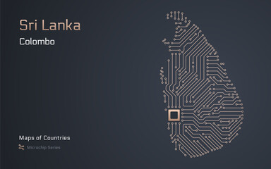 Wall Mural - A vector map of Sri Lanka created from a microchip pattern, with the capital Colombo depicted as a microchip