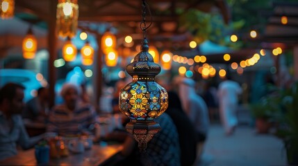 Wall Mural - warm night, lamps, people sitting at table, islamic festive paper decoration, ramadan atmosphere, warm light, night, hanging lantern