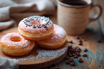 Canvas Print - Doughnuts and long black coffee on the wooden table 